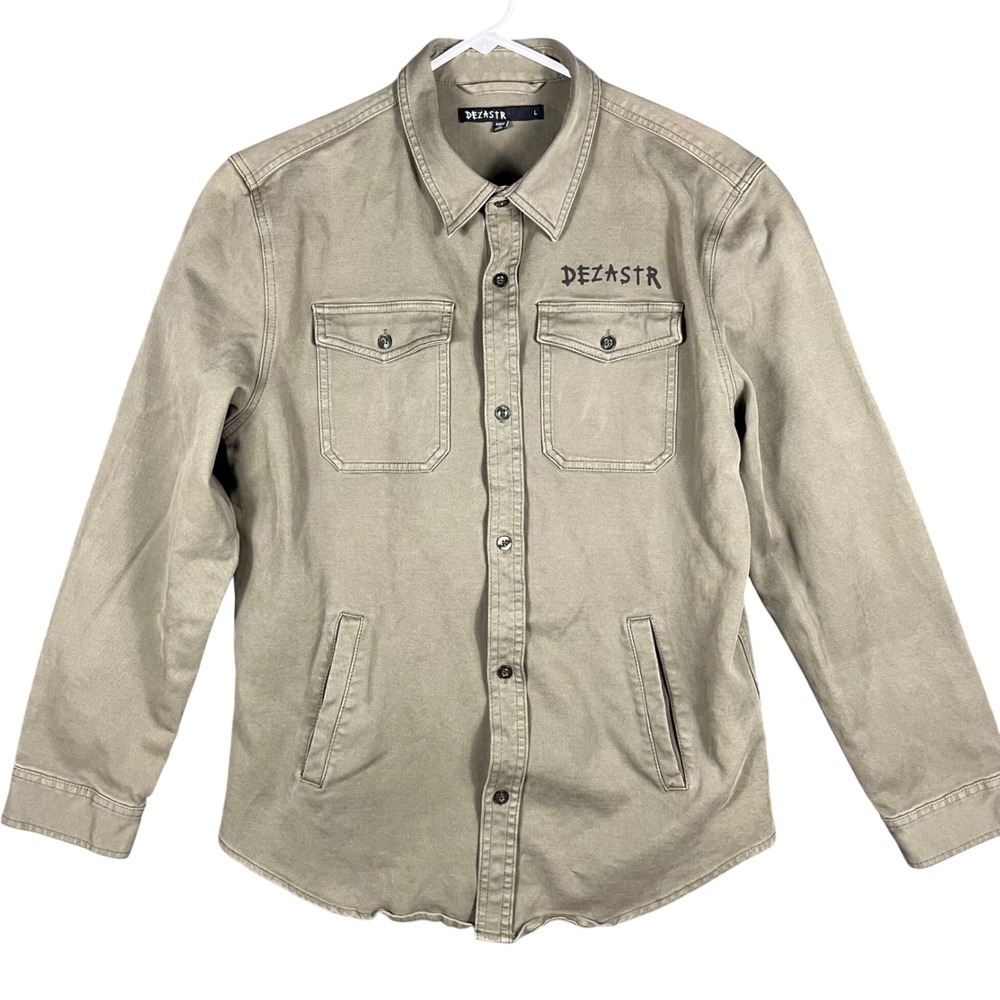Dezastr Shirt Jacket Mens L Olive Green Graphic Mermaid Skeleton Workwear